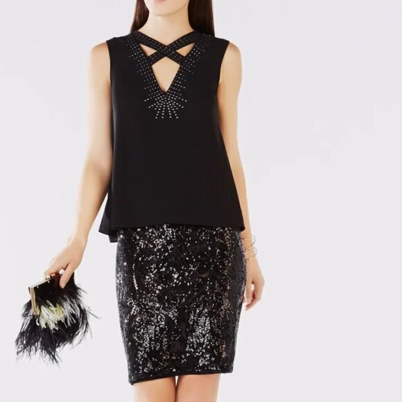 BCBGMaxAzria Black Joline Studded Crisscross Sleeveless Blouse, Size Small - Picture 3 of 15